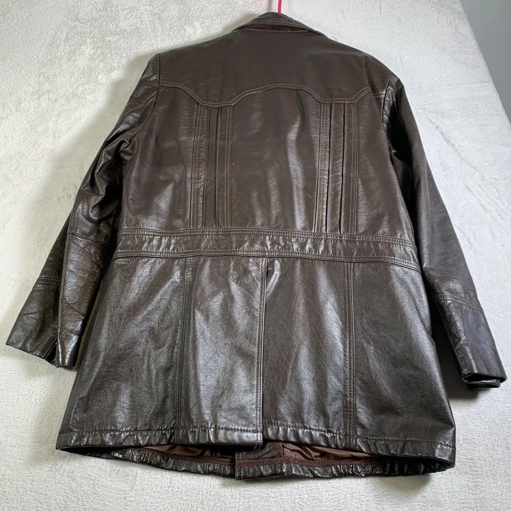Vintage Montgomery Ward Jacket Mens 42‎ Brown Leather Car Coat Sherpa 70s 80s